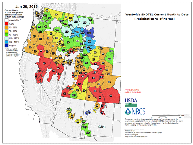 A snow pack depiction map from USDA shows most western U.S. river basins have below to much below normal snow pack. (USDA graphic by Nick Scalise)